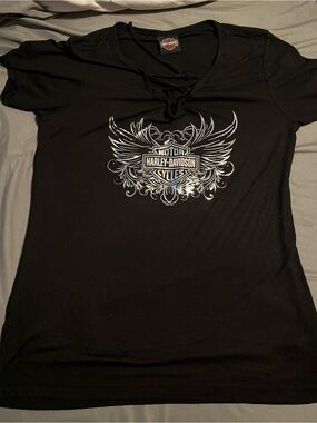 Harley-Davidson Black Short Sleeve Lace-Up V-Neck Tee